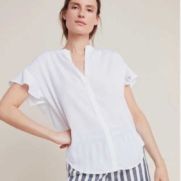 Anthropologie Cloth & Stone Calder White Ruffle Sleeve Buttondown Shirt sz Large - Picture 5 of 6
